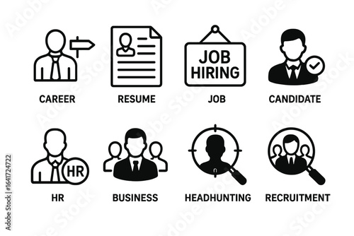 Business career development icons set. Recruitment, resume, job hiring, candidate selection, HR management, headhunting, professional team, employment search. Black line vector illustrations.