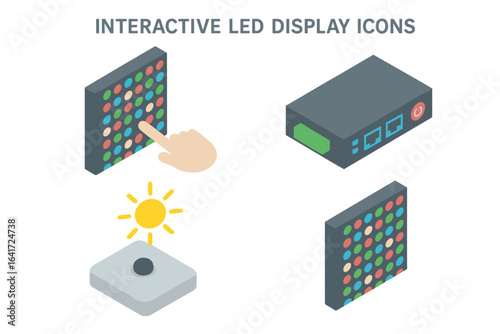 Isometric interactive LED display icons. Vector flat design icon set of an LED wall, touchscreen panel, controller box, and light sensor for digital media technology.