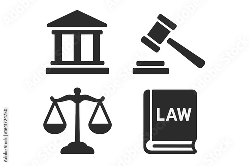 Landmark Legal Icons Set. Solid Filled Vector Illustrations of Courtroom Symbols Including Judge Gavel, Scales of Justice, Law Book, and Court Building on Transparent Background