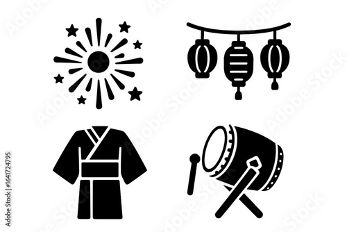 Japanese Festival Icons Set, Solid Filled Vector of Traditional Japanese Celebrations, Fireworks, Paper Lanterns, Yukata Dress, Taiko Drum, Cultural Symbols, Transparent Background