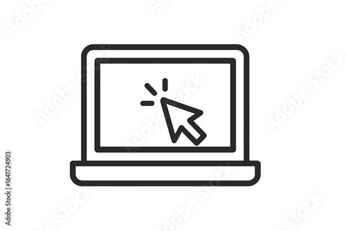 Laptop computer icon with pointer mouse arrow clicking on screen, notebook symbol for online services, web design, e-commerce, marketing, digital technology, cursor click vector