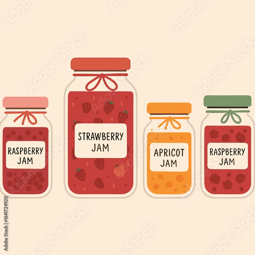 Colorful jars of fruit jams, delightful kitchen decor, homemade preserves, vibrant food illustration
