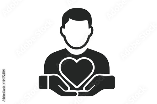 Compassionate man holding heart symbol in hands, altruism and empathy concept, charity volunteer caring icon, kindness support vector illustration, emotional health flat design, transparent background