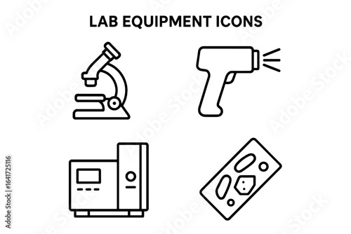 Outline Lab Equipment Icon Set, Sample Analysis Tools, Microscope, XRF Analyzer, Mass Spectrometer, Thin Section Vector Illustration on Transparent Background