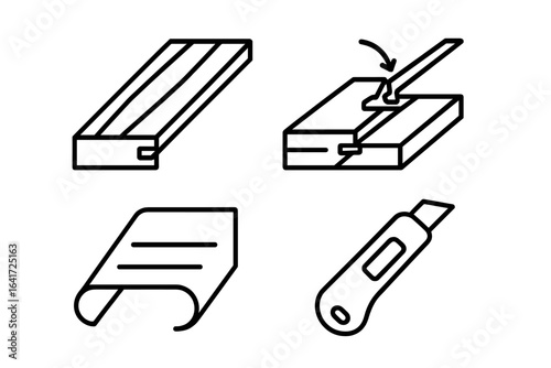 Laminate Flooring Icons Outline Vector Set Including Laminate Plank, Click-Lock Edge, Underlayment Pad, Utility Knife for Flooring Installation Tools and Materials
