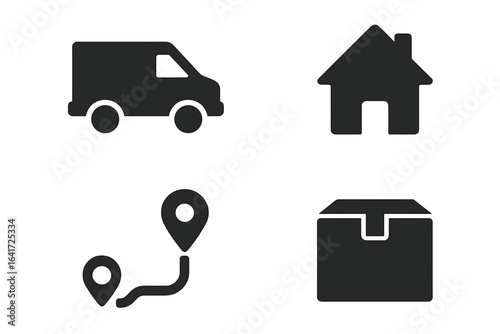 Last Mile Logistics Icons Set, Solid Filled Vector of Delivery Van, House, Route Pin, Drop-off Box, Transportation and Delivery Concept, Transparent Background
