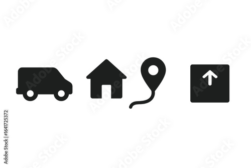 Last Mile Logistics Icons Set, Solid Filled Delivery Van, House, Route Pin, Drop-off Box Symbols, Vector Illustration for Shipping, Delivery, Transport, E-commerce Concepts