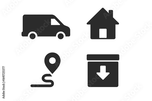 Last Mile Logistics Icons Set, Solid Filled Vector Illustration of Delivery Van, House, Route Pin, and Drop-Off Box for Shipping and Delivery Services