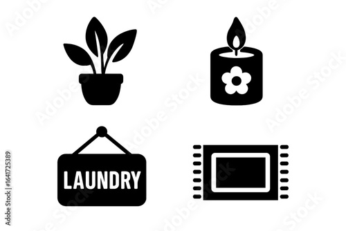 Laundry room icons set, solid filled vector illustrations of laundry room decor and comfort elements including houseplant, scented candle, laundry sign, and small rug on transparent background