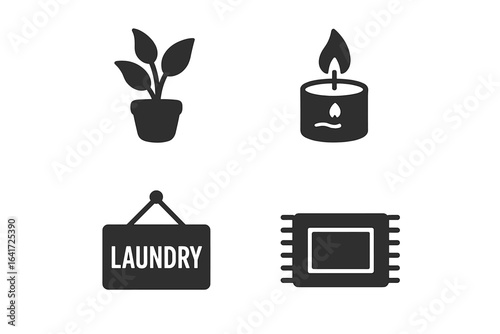 Solid laundry room icons vector set including houseplant, scented candle, laundry sign, and small rug for home decor and comfort illustration