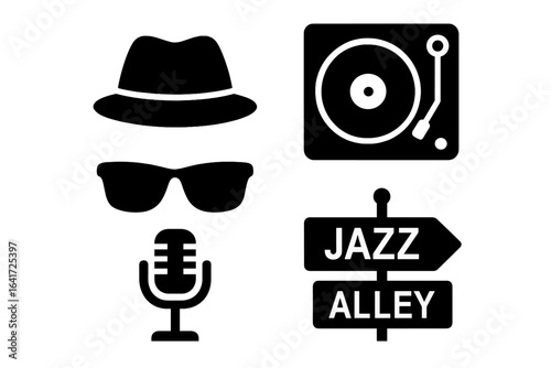 Jazz music vector icon set. Retro symbols for music festival. Solid glyph collection of fedora hat, sunglasses, vintage microphone, turntable for blues or soul event.
