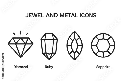 Line art icon set of precious stones. Diamond, ruby, sapphire, and marquise-cut gem icons. Minimalist vector symbols for jewelry design, luxury branding, and apps.