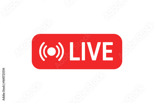 Live streaming button icon, red broadcast sign, digital media live stream symbol, vector illustration on transparent background for online video, internet streaming concept