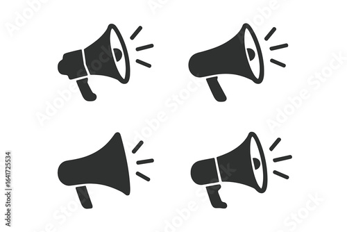 Megaphone icons set, loudspeaker symbols, communication and announcement vector illustrations on transparent background, marketing, sound, volume, broadcast, promotion, public address design