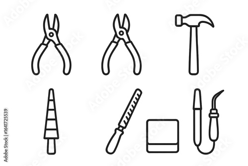 Jewelry making tools line icon set. Vector illustration of goldsmith and silversmith equipment. Pliers, hammer, file, ring mandrel, anvil, torch for craft and handmade work.