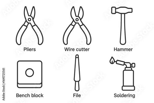 Jewelry tool icons. Outline icon set for jewelry making, including pliers, wire cutter, hammer, bench block, file, and soldering torch. Vector art for craft or workshop.