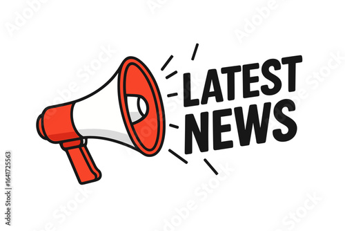 Red Megaphone Loudspeaker with Latest News Text, Announcement Vector Illustration, Public Speaking, Breaking News, Communication Symbol, Transparent Background