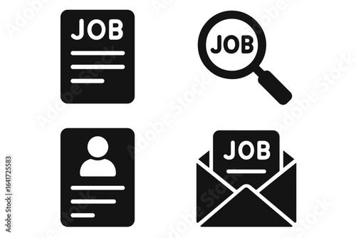 Job search vector icon set. Simple solid glyph icons for employment and recruitment. Magnifier for finding work, resume, CV, application and job offer email illustration.