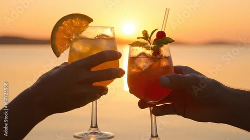 Couple holding cocktails with fruit garnish and orange slice at sunset by the sea