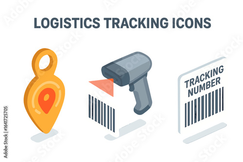 Isometric Logistics Tracking Icons Set, GPS Tracker Tag, Barcode Scanner Device, Tracking Number Label, Flat Vector Illustration on Transparent Background