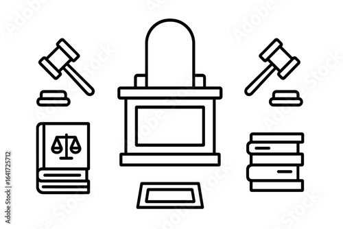 Judicial icons set in thin line style. Vector collection of courtroom elements. Judge's bench, chair, gavels, law books, scales of justice. Legal system symbols.