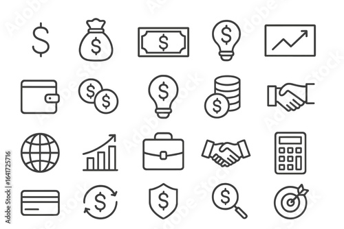 Money and Business Thin Line Icon Collection, Vector Illustration Set on Transparent Background, Financial Symbols, Growth, Investment, Finance and Economy Icons