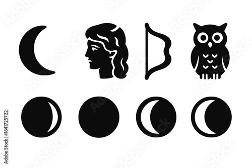 Lunar Mythology Symbols Solid Filled Icon Set, Moon Phases, Selene’s Face, Silver Bow, Night Owl Vector Illustration on Transparent Background for Astrology and Mythology Designs