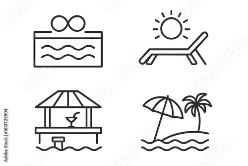 Luxury Resort Icons Outline Set of Paradise Amenities Including Infinity Pool, Sun Lounger, Swim-Up Bar, Beach Umbrella, Palm Tree, Tropical Vacation Vector Illustration