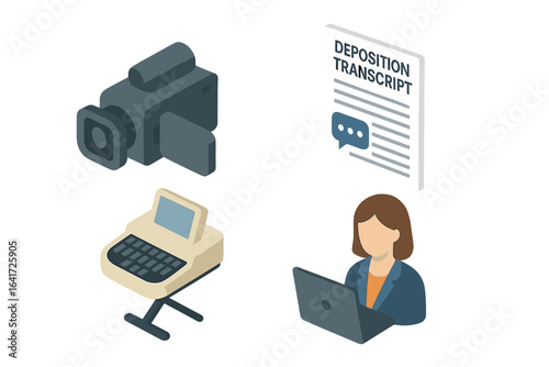 Isometric Legal Icons Grid, Flat Vector Set Featuring Depositions, Transcripts, Video Camera, Court Reporter, and Legal Documentation Elements for Judicial Use