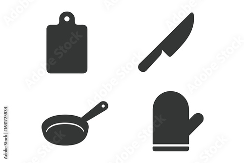 Kitchen tools icon set. Solid glyph pictograms for cooking. Food preparation equipment silhouettes. Vector of cutting board, chef knife, skillet, pan, oven mitt.