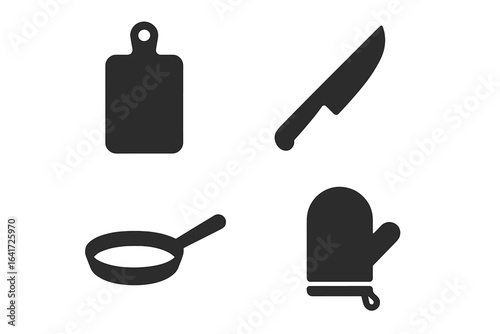 Kitchen tools solid icon set. Cooking equipment symbols with cutting board, chef knife, frying pan, and oven mitt. Vector graphic for culinary and food concepts.