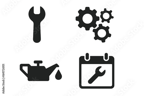 Maintenance Icon Grid, Solid Filled Vector Set of Repair Wrench, Gear Assembly, Oil Can, and Maintenance Schedule Calendar Illustration on Transparent Background for Industrial and Mechanical Use