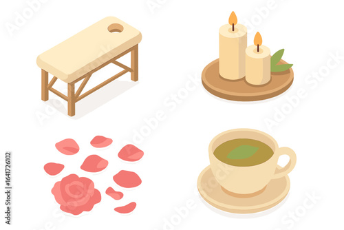 Luxury Spa Icon Set Isometric Flat Design with Massage Table, Aromatic Candles, Rose Petals, and Herbal Tea Cup Vector Illustration for Wellness and Relaxation