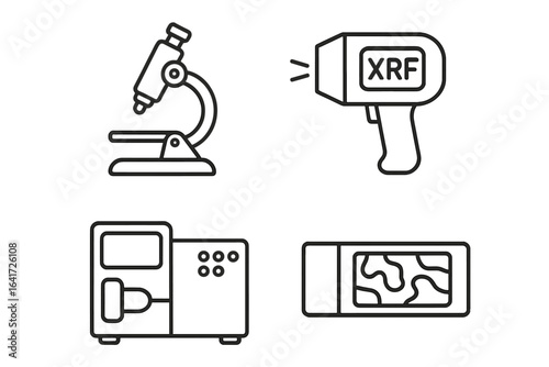 Lab equipment icon set. Outline vector illustration for science and research. Sample analysis tools: microscope, XRF analyzer, mass spectrometer, and thin section slide.