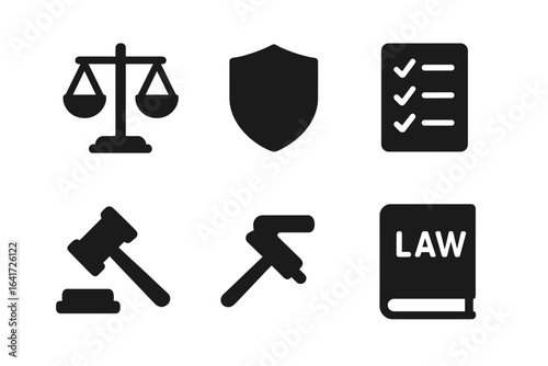 Legal icons grid, solid filled vector set of law, ethics, compliance symbols including scales of justice, shield protection, checklist, gavel, hammer, law book on transparent background