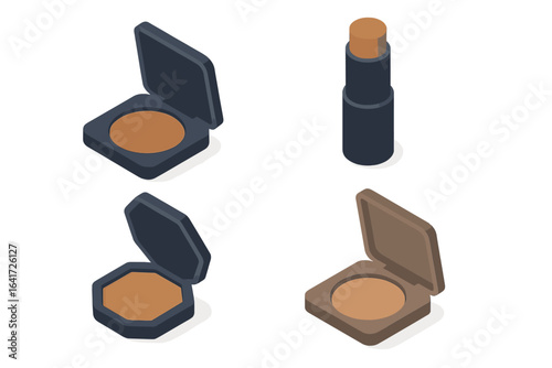 Isometric flat icon set of contour makeup products including contour powder compact, cream contour stick, bronzer compact, cosmetic makeup essentials vector illustration