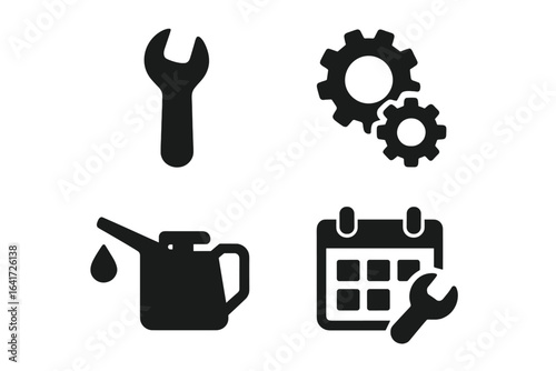 Maintenance icon grid set with solid filled wrench, gear assembly, oil can, and maintenance schedule calendar vector illustration on transparent background