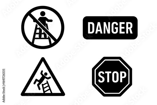 Ladder safety icons set. Danger and warning signs for workplace safety. Fall hazard, risk of falling symbol. Prohibition pictogram, do not stand on top. Stop sign vector.