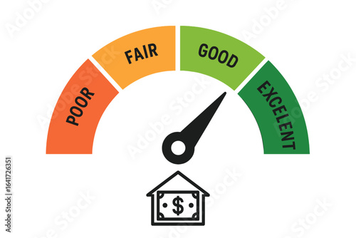 Measurement from Poor to Excellent Credit or Mortgage Loan Rating, Vector Illustration with Color-Coded Rating Gauge and Financial Icon on Transparent Background