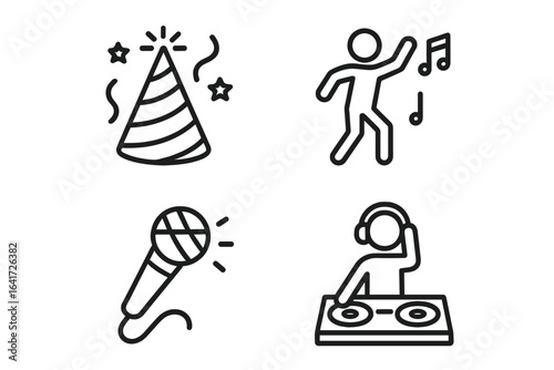 Party celebration icons set, line style vector illustration. Dance, DJ, karaoke microphone, music notes, party hat, festive symbols for event, club, birthday, anniversary, nightlife, entertainment app