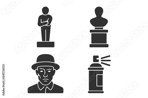Living Statue Performer Icons, Solid Filled Vector Set Featuring Still Figure on Pedestal, Metallic Face Mask, Spray Paint Can, Street Performance Art Symbols