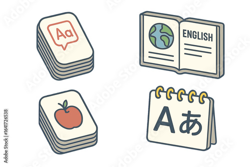 Language learning icons isometric vector set. Education, foreign language study concept. English textbook, vocabulary flashcards, alphabet cards, dictionary for e-learning.