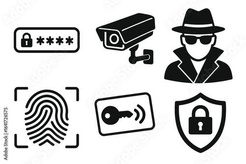Password security system icons including fingerprint recognition, spy figure, electronic key, surveillance camera, and shield lock vector illustration on transparent background