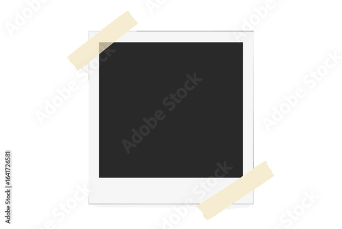 Realistic photo frame with adhesive tape strips, vintage square instant film style, isolated transparent background, scrapbooking, creative design element, stationery illustration