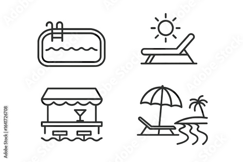 Luxury Resort Icon Set, Outline Vector Pack of Paradise Infinity Pool, Sun Lounger, Swim-up Bar, Beach Umbrella, Tropical Palm Beach Lounge, Summer Vacation Symbols