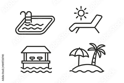 Luxury Resort Icon Set Outline Style, Paradise Vacation Amenities with Infinity Pool, Sun Lounger with Sunlight, Swim-Up Bar Over Water, Tropical Beach with Umbrella and Palm Tree Vector Illustration