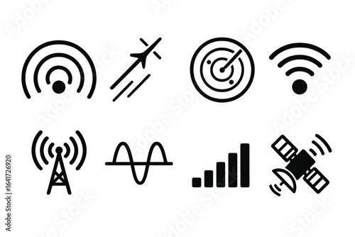 Radio signals, wireless waves, radar detection, WiFi symbol, communication antenna, signal strength bars, satellite icon, vector technology transmission icons for network and connectivity design