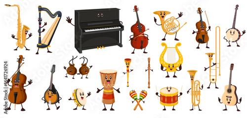 Cartoon funny musical instrument characters. Happy guitar, drum, violin and piano, saxophone, trumpet and harp vector personages. Classical music orchestra and jazz band acoustic musical instruments