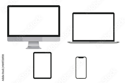 Realistic Set of 4 Technology Devices with Empty Display Screens, Including Monitor, Laptop, Tablet, and Smartphone, Modern Digital Electronics Vector Illustration