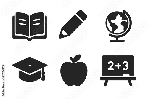 Education and learning solid glyph icon set. School and university symbols collection. Contains book, pencil, globe, graduation cap, apple, and blackboard vector icons.